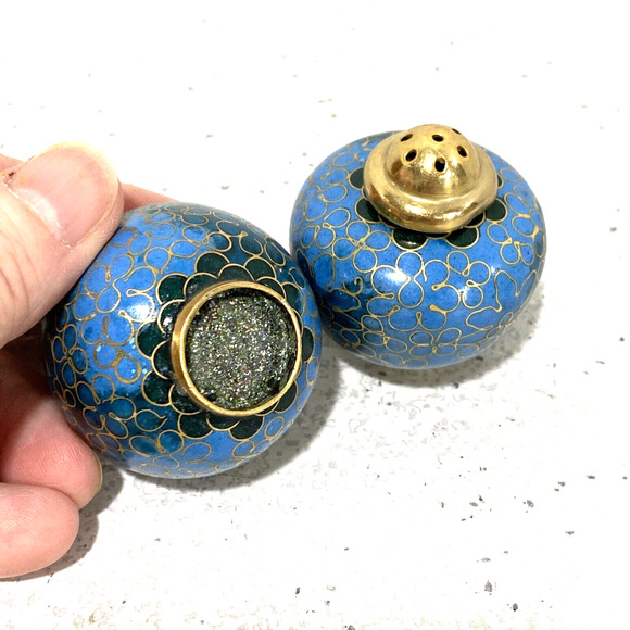 Vintage Brass & Blue Enamel Salt & Pepper Shakers Set Cloisonné Style Roly Poly - Picture 4 of 9